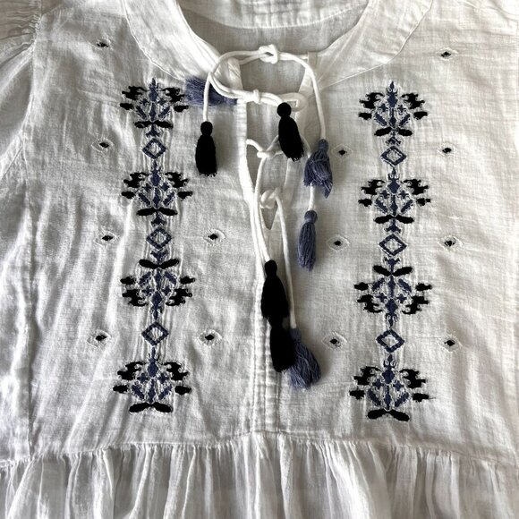 Jorja Long Sleeve Top Blouse Plus Size White Blue Boho Style 2X Tassel - Picture 10 of 14